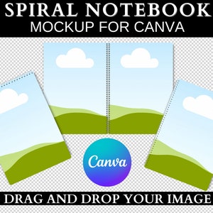 May include: Spiral notebook mockup for Canva with a sky and cloud design. The image shows four notebooks, two open and two angled, with a blue sky, white cloud, and green landscape. The Canva logo is also visible.