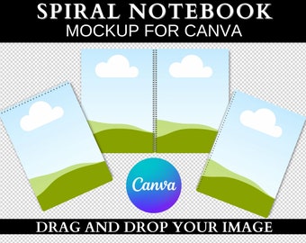 Mockup di quaderno a spirale per Canva, mockup di quaderno modificabile su Canva, mockup di quaderno per planner a spirale, mockup di quaderno con cornici Canva, mockup di libro