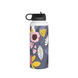 Stylish LivelyMint BPA Free Stainless Steel Water Bottle; Botanical in Plum; Perfect for Her and Sporty Girl