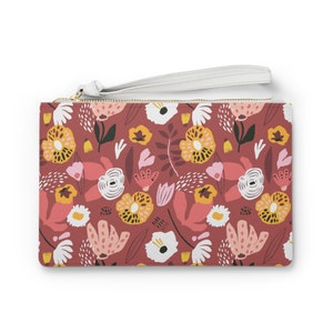 Stylish LivelyMint, Everyday Clutch Bag/ Wristlet; Botanical in Fire Brick color; Vegan Leather; Perfect Gift for Her, Girlfriend or Mom