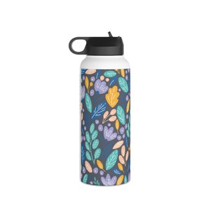 Stylish LivelyMint BPA Free Stainless Steel Water Bottle; Fun Floral in Gray and Teal; Perfect for Her and Sporty Girl