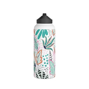 Stylish BPA Free Stainless Steel Water Bottle; Tropical in White; Perfect for Her and Sporty Girl; Best Going Back to School Gift