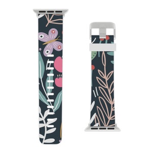 In the Garden, Fun, Stylish Watch Band for Apple Watch Series 1, 2, 3, 4, 5, 6, 7, 8, Se And Ultra In Black/ Pink, Sweat And Odor Proof