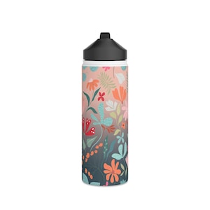 BPA Free Stainless Steel Water Bottle by Lively Mint; Meadows in Gradation Pink and Deep Blue; Perfect for Her and Sporty Girl