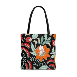 Classic Floral, Stylish, Everyday Tote Bag in Black and Orange, practical and high quality fabric, Assembled in USA. Perfect gift for her.