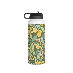 Stylish LivelyMint BPA Free Stainless Steel Water Bottle; Fun Floral in Olive Green; Perfect for Her and Sporty Girl