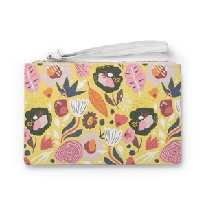 Stylish Lively Mint, Everyday Clutch Bag/ Wristlet; Botanical in Happy Yellow; Vegan Leather; Perfect Gift for Her, Girlfriend, or Mom