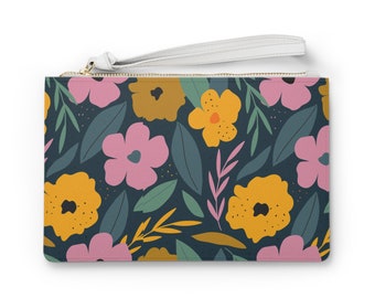 LivelyMint Stylish, Everyday Clutch Bag/ Wristlet; Lovely Flower in Midnight Blue; Vegan Leather; Perfect Gift for Her, Girlfriend or Mom