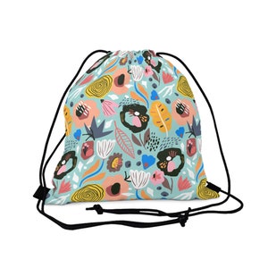 Daily Outdoor Drawstring Bag; Botanical in Blue; Perfect for Her and Sporty Girl; Best Back to School Gift