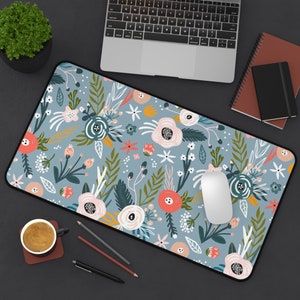 Best Desk Mat by Lively Mint; Happy Flower in Blueish Gray; Perfect for Her; Best Gift for Student; Best Co-worker Gift