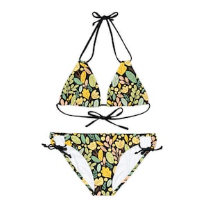 Strappy Bikini Set (AOP); Perfect Summer two-piece swimsuit; Fun Floral in Black; adjustable elastic straps; Removable cups