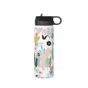 Stylish BPA Free Stainless Steel Water Bottle; Abstract Floral in White; Perfect for Her and Sporty Girl; Best Going Back to School Gift