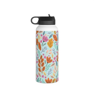 Stylish LivelyMint BPA Free Stainless Steel Water Bottle; Fun Floral in Teal & Orange; Perfect for Her and Sporty Girl