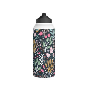 Stylish BPA Free Stainless Steel Water Bottle; In the Garden in Black; Perfect for Her and Sporty Girl; Best Going Back to School Gift