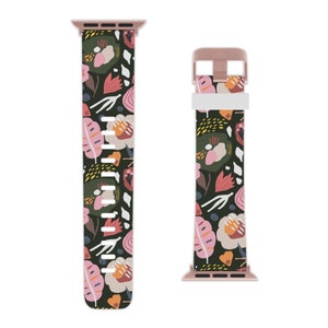 Apple Watch Band Series 1, 2, 3, 4, 5, 6, 7, 8, Se And Ultra, Sweat And Odor Proof, Abstract Floral in Black
