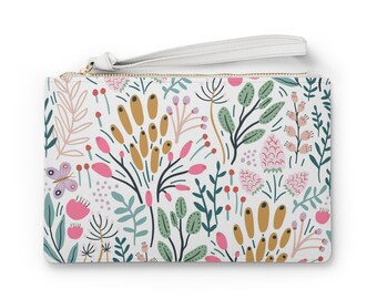 In The Garden, Fun, Stylish, Everyday Clutch Bag/ Wristlet in White; Vegan leather; Perfect gift for her, girlfriend or Mom