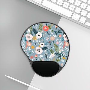 Best Lively Mint Mouse Pad With Wrist Rest; Happy Flower in Blueish Gray; Perfect for Her, Best Gift for Students; Co-Worker Gifts