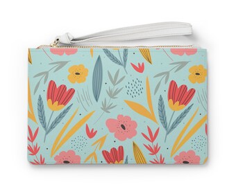 LivelyMint Stylish, Everyday Clutch Bag/ Wristlet; Lovely Flower in Happy Blue; Vegan Leather; Perfect Gift for Her, Girlfriend or Mom