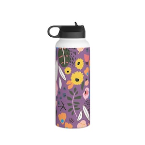 Stylish LivelyMint BPA Free Stainless Steel Water Bottle; Botanical in Purple/Violet; Perfect for Her and Sporty Girl