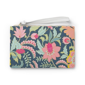 Floral, Fun, Stylish, Everyday Clutch Bag/ Wristlet in Navy and Pink; Vegan Leather; Perfect Gift for her, girlfriend or Mom