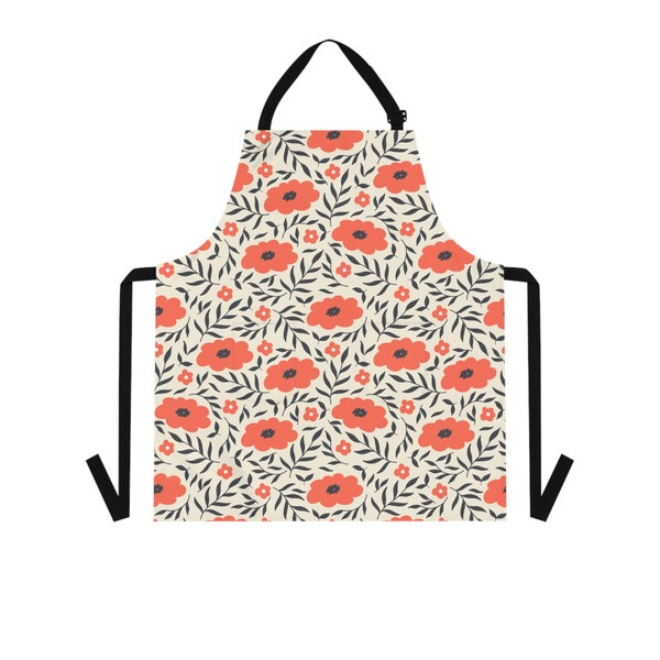 Adjustable Apron w/ Pockets;  Lively Mint; Poppies in Off White/ Cream, Highly Durable; Perfect gift for Chef; Best Gift for Mom