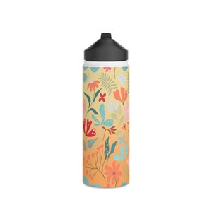 BPA Free Stainless Steel Water Bottle by Lively Mint; Meadows in Gradation Yellow and Orange; Perfect for Her and Sporty Girl