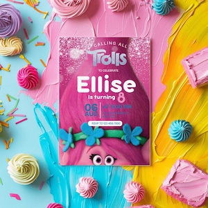 Trolls invitation, Trolls Birthday Invite Printable, Trolls theme birthday, Digital Trolls Party Editable Template Canva