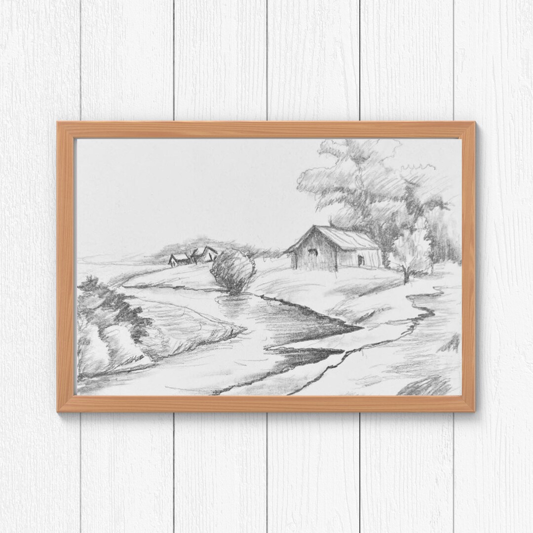 Sketch Drawing Digital Printable Landscape Art Pencil Drawing Art ...