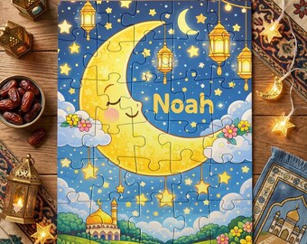 Personalized Ramadan Puzzle, EID Gifts for Kids, Custom Name Puzzle, Ramadan Kids Activity, Crescent Moon Stars Lanterns