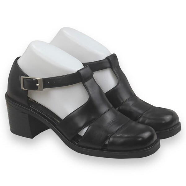 Vintage Y2K Chunky Mootsies Tootsies Leather T-Strap Shoe Sandal Heel Sz 7M Black