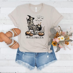 Just Waiting for Halloween Skeleton in Floaty Unisex Tee - Fun and Spooky Graphic Shirt - Trendy Halloween Jersey Short Sleeve T-Shirt