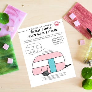 May include: A printable pattern for a vintage camper stained glass project. The pattern is for a novice crafter and includes 9 pieces, measuring approximately 9 inches tall and 5 inches wide.