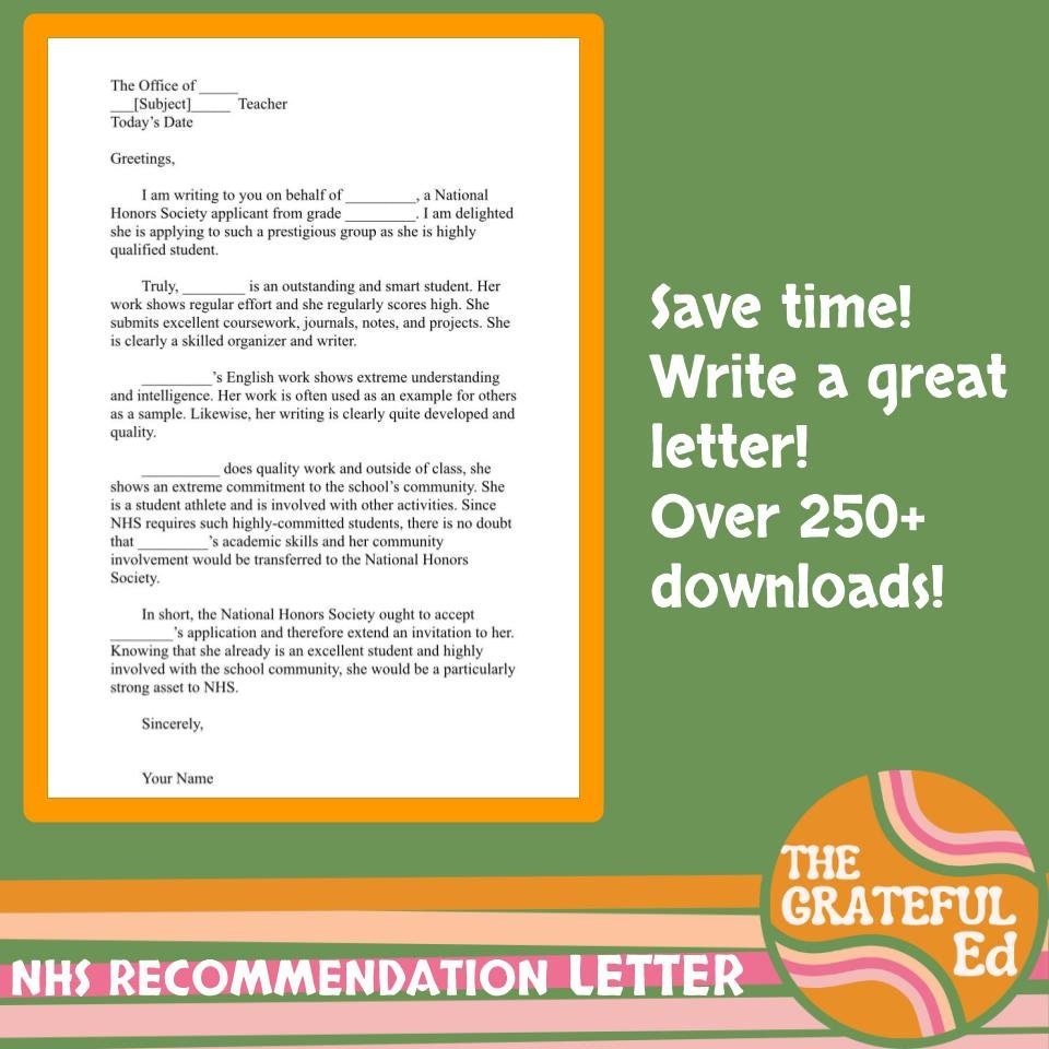 Letter for NHS National Honors Society Template Etsy