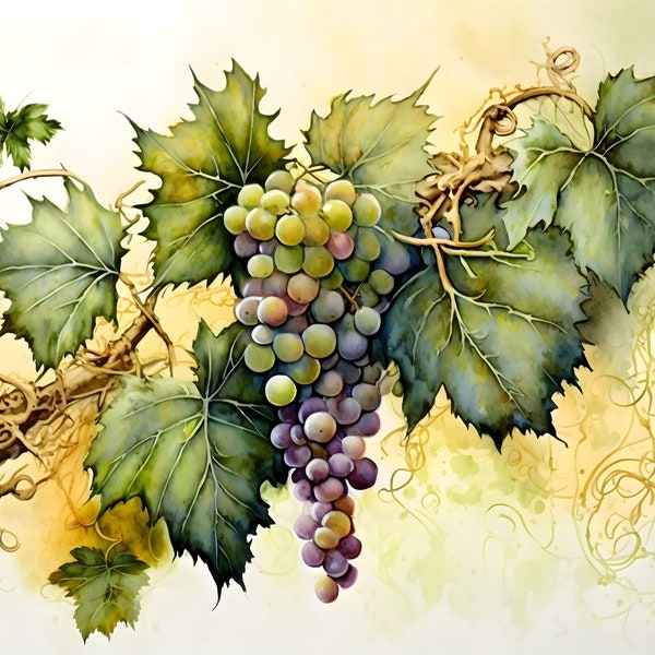 Grapevine Watercolor - Grapes in the Vine Art