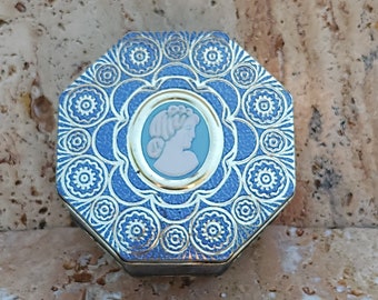 Blue and White Cameo Tin Box trinket box container made in England sewing box for craft