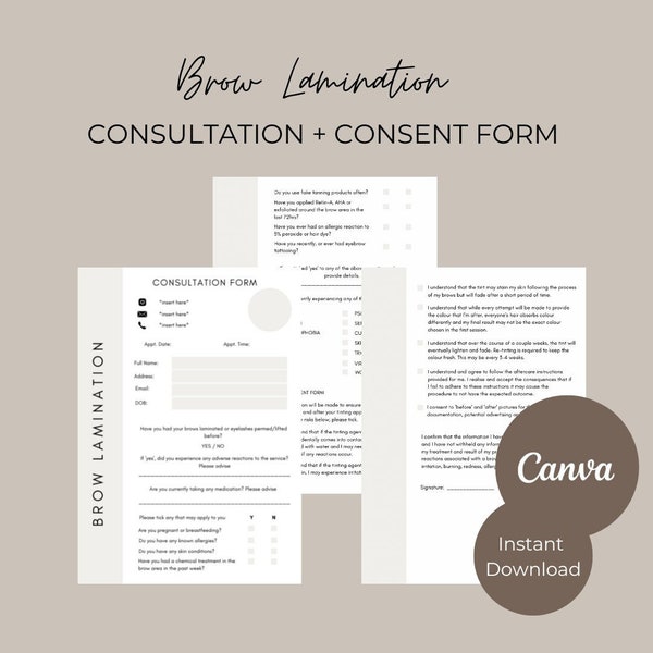 Eyebrow Lamination, Consultation Form, Digital Download, Beauty forms, Client Consent Form, Editable template, Brow Artist, Canva