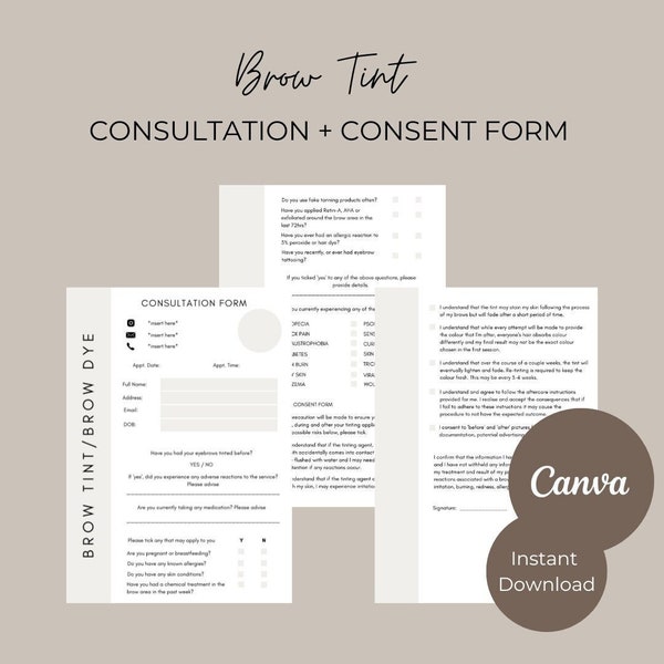 Brow Tint, Brow Dye, Consultation Form, Digital Download, Beauty forms, Client Consent Form, Editable template, Brow Artist, Canva