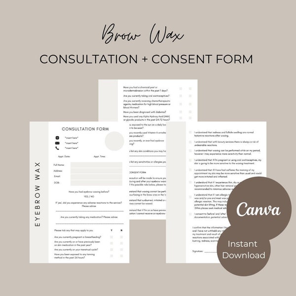 Brow Wax, Consultation Form, Digital Download, Beauty forms, Client Consent Form, Editable template, Brow Artist, Canva