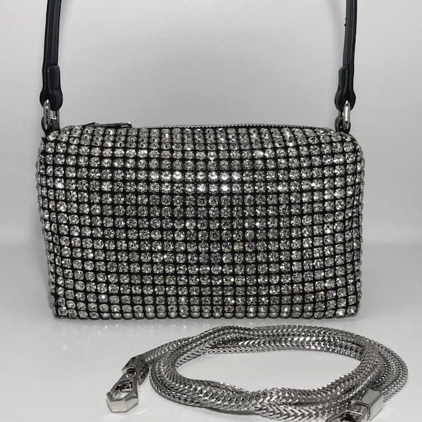 Crystal Rhinestone Heiress Clutch - Party Night Mesh Handbag with Shoulder Strap - White Crystal Wang Bag - AW Heiress Party Bag