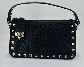 Genuine Black leather Stud Clutch - Party Night Handbag with Shoulder Strap - Gold Tone Metal Luxury Bag