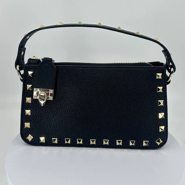 Genuine Black leather Stud Clutch - Party Night Handbag with Shoulder Strap - Gold Tone Metal Luxury Bag
