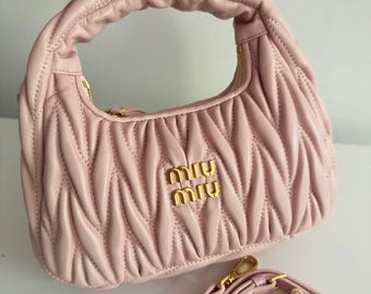 Statement Luxury Genuine Leather Mini Bag | Light Pink and Gold Statement Clutch Bag | High Fashion Crossbody Bag