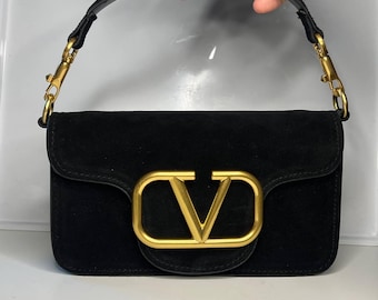 Statement Luxury Genuine Black Suede Bag | Gold Metal Buckle Crossbody Bag | High Fashion Clutch Statement Party Night Bag