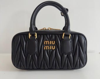 Statement Luxury Genuine Leather Mini Bag | Black and Gold Statement Clutch Handbag | High Fashion Crossbody Bag