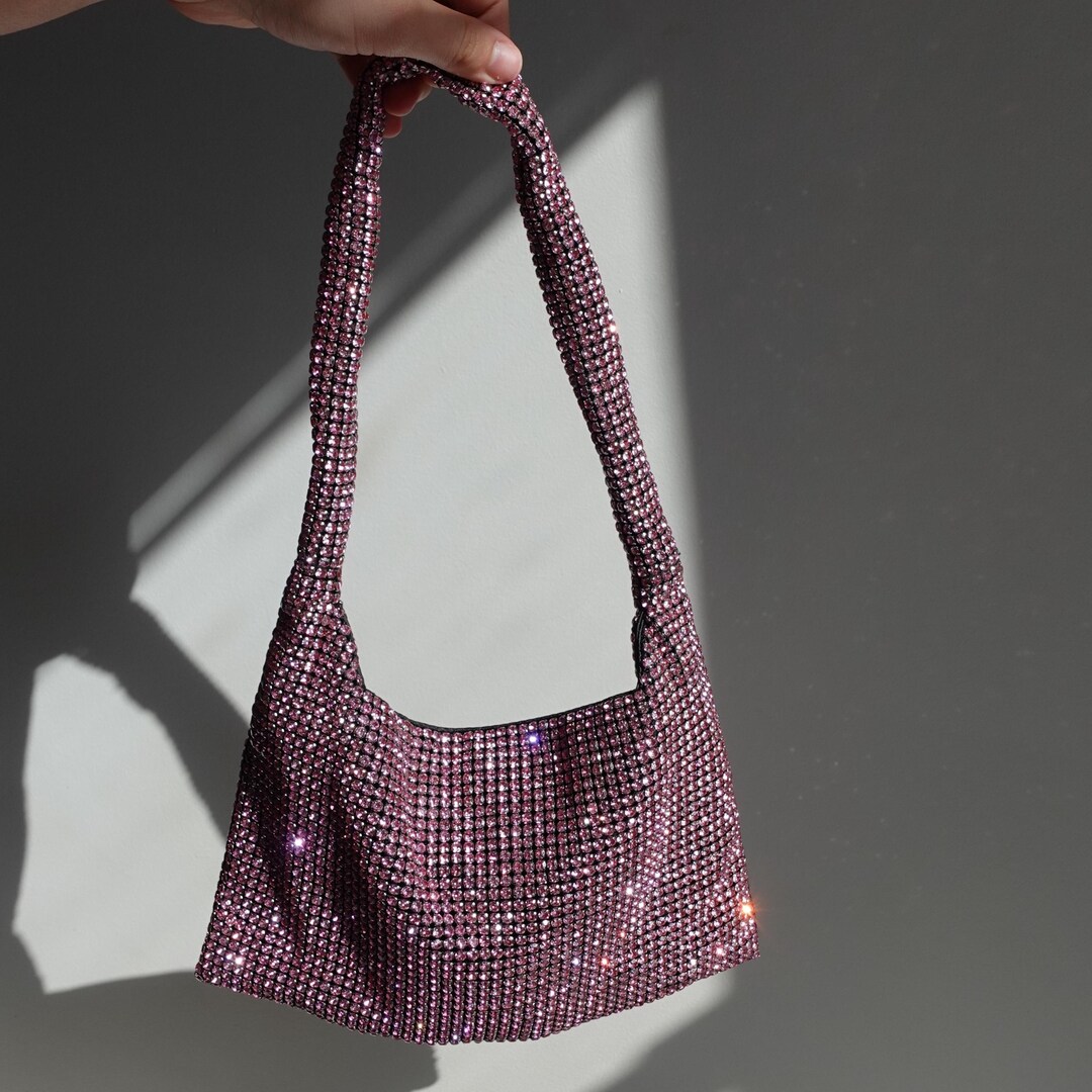 Pink Rhinestone Mesh Bag Shoulder Crystal Bag Evening Cocktail Wedding ...
