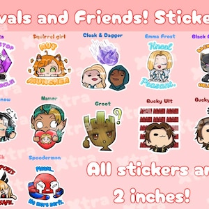 May include: A sheet of stickers featuring various cartoon characters with text. The stickers are 2 inches in size and include characters like Galacta, Squirrel Girl, Cloak & Dagger, Emma Frost, Black Panther, Luna Snow, Namor, Groot, and others.