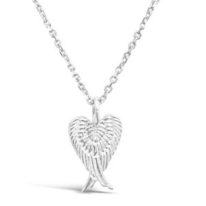 May include: A silver necklace with a heart-shaped pendant featuring detailed angel wings.