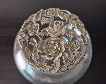 Vintage Glass and Metal Potpourri Bowl with Rose Motif