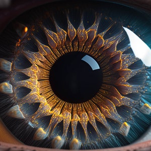 Puede incluir: Primer plano de un ojo humano con pupila oscura y detalles intrincados del iris. El iris presenta un degradado de colores, incluyendo azul, dorado y marrón, con una apariencia texturizada y en capas. La superficie del ojo refleja la luz.