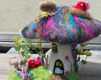 Needle felted Mushroom fairy home decor, Tabletop shelf display.